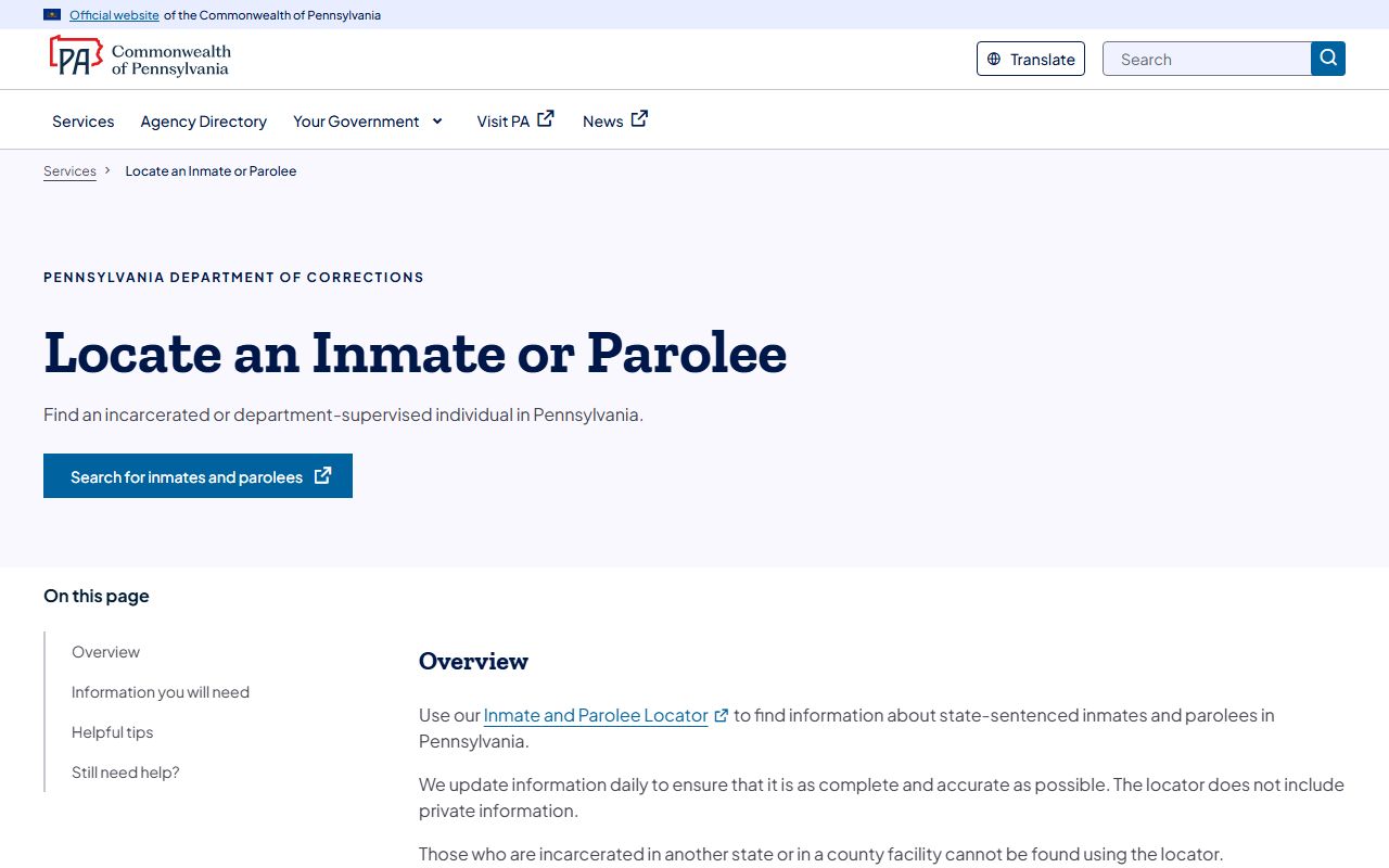 Columbia County inmate records Pennsylvania DOC locator service
